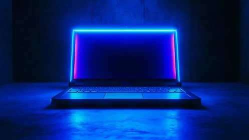 Laptop screen glows with intense blue neon backlighting