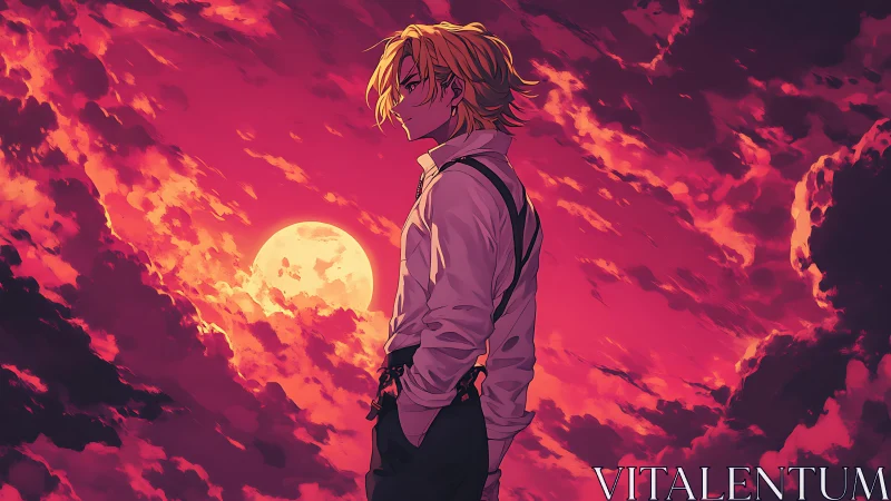 Lone blond figure contemplates under a fiery crimson moon.