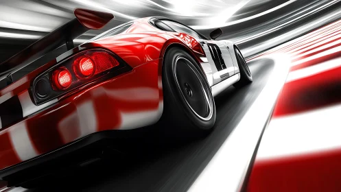 Red GT race car arcs through high-speed tunnel with motion blur