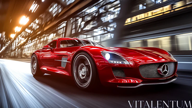 Crimson highway comet streaking through chrome-lit tunnel.