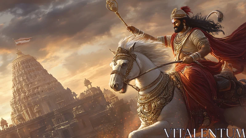 Warrior king on white stallion before temple at dawn.