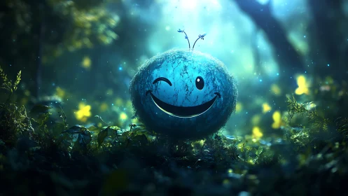 Whimsical Fuzzy Blue Creature in Enchanted Forest, Digital Art.