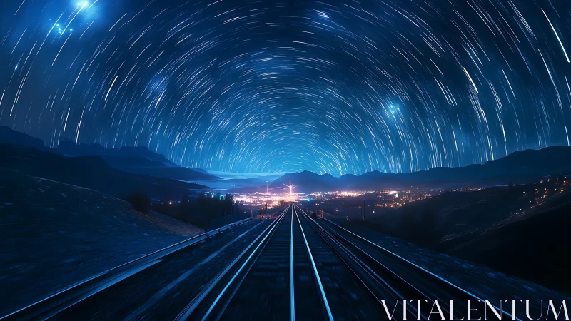 Railway perspective aligns with radial star trails over valley town