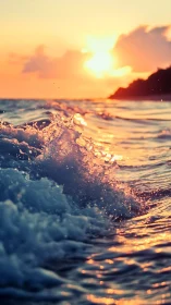 Ocean surface captures breaking wave under low sunset light