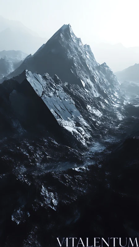 Sharp angular mountain ridge extends through misty backlight