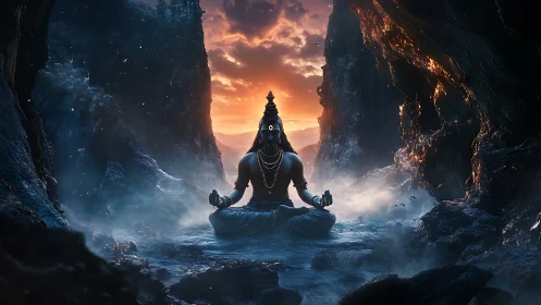 Meditating Hindu deity sits in misty mountain cave at sunrise
