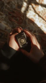 Sunlit hands cradle a vintage compass of quiet wanderlust.