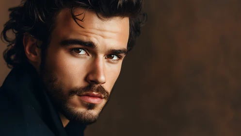 Portrait shows pensive man with beard against warm backdrop