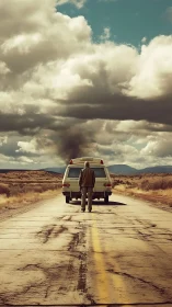 Desert road traveler pauses beside a lone car under heavy clouds
