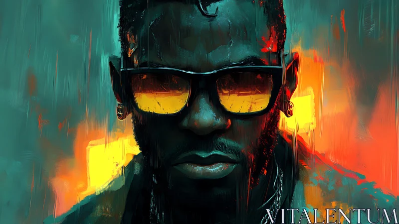 Intense portrait shows man in neon glasses against glowing city