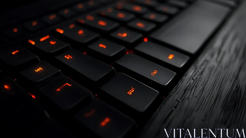 Mechanical keyboard keys with orange backlight in darkness.
