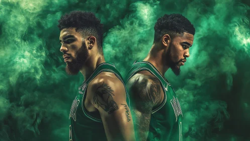 Twin green titans stand back to back in swirling court mist