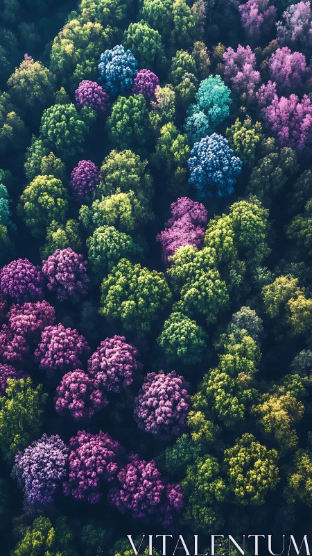 Chromatic forest canopy viewed from above in vivid bloom.