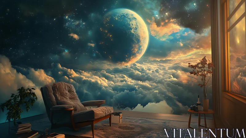 Astral lounge interior overlooking volumetric nebula clouds.