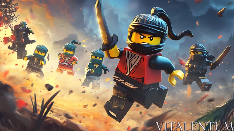 Dynamic LEGO ninja team rendered in high-contrast cinematic 3D battle