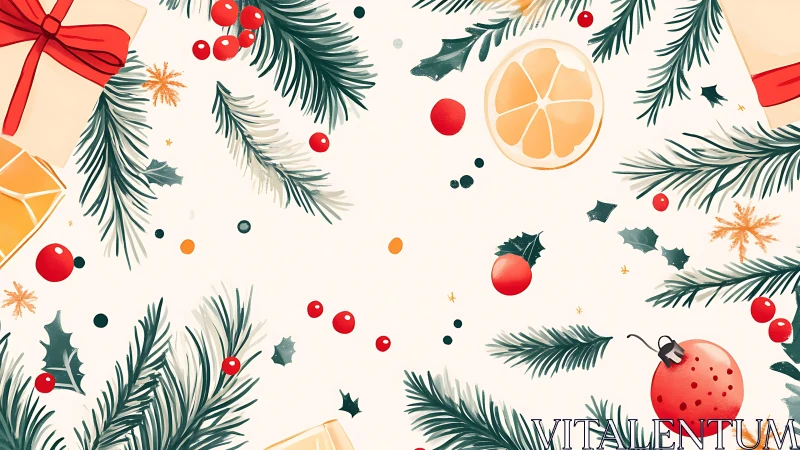 Festive botanical flat lay with pine boughs, gifts, berries, citrus