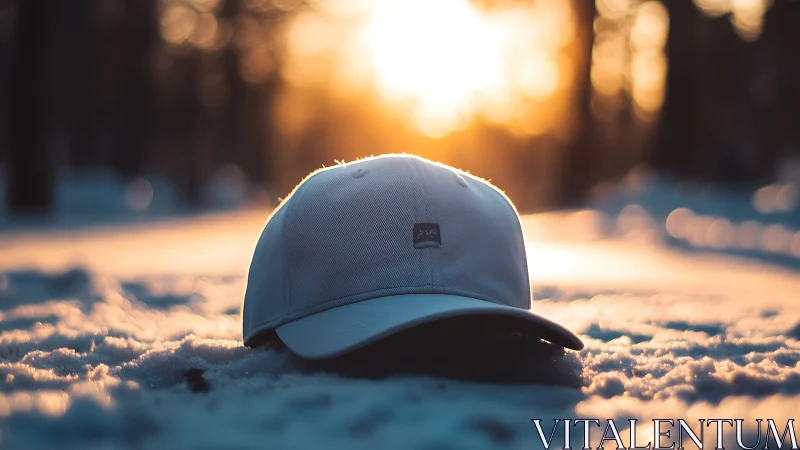 White baseball cap resting on snow in low winter sunlight.