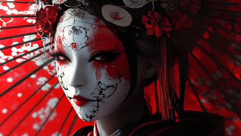 Striking geisha-inspired figure gazes calmly beneath red parasol
