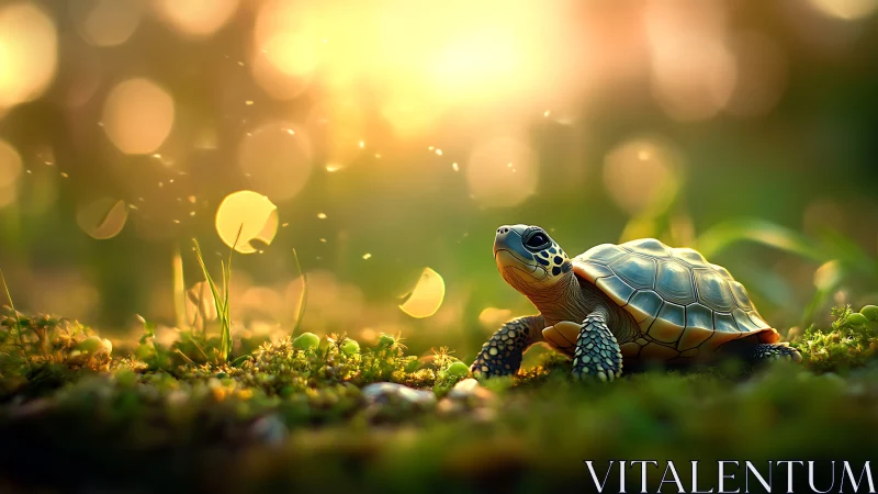 Sunlit forest hatchling wandering through glittering bokeh glow.