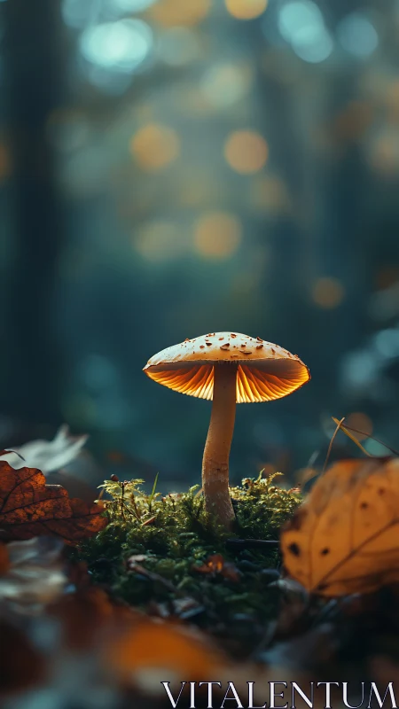 Luminous forest mushroom under cinematic autumn bokeh glow.