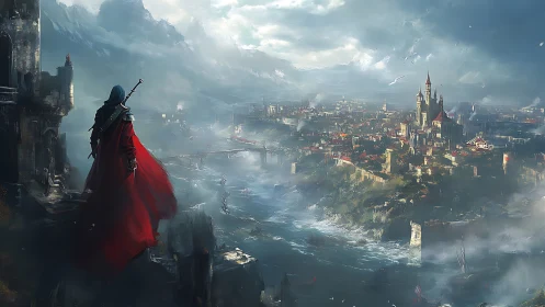 Digital painting of cloaked sentinel overlooking coastal citadel.