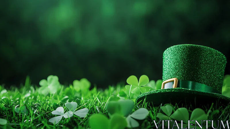 Glittering leprechaun hat resting in a clover meadow.