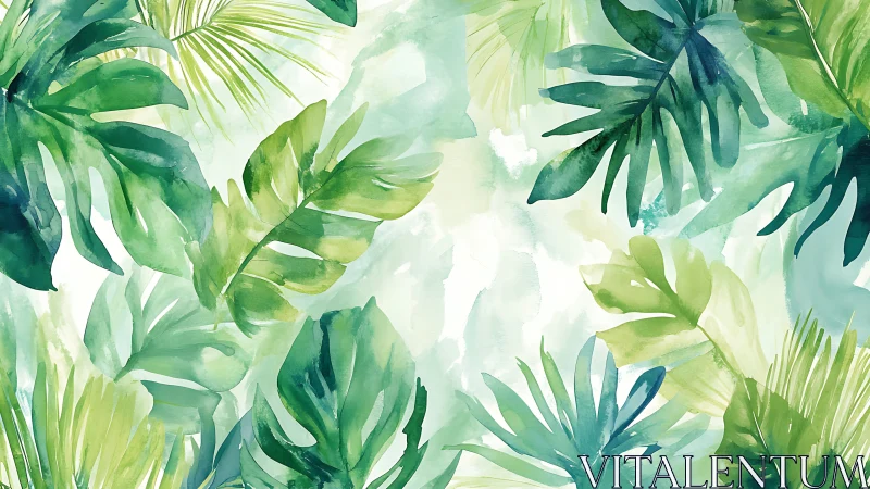 Leafy watercolor jungle quietly hums in layered green light