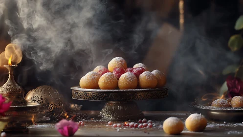 Steam-kissed festival sweets on an ornate golden stand.