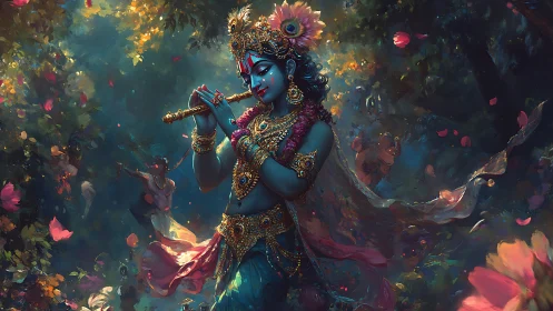 Divine flute player in jeweled forest of swirling petals.