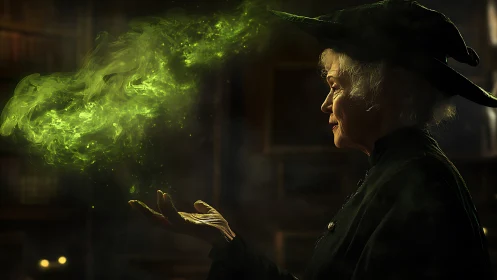 Elderwitch conjures emerald smoke in a hushed arcane library.