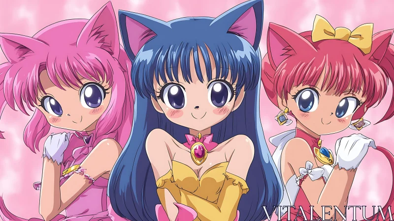 Magical catgirls pose with jeweled chokers and bright smiles.