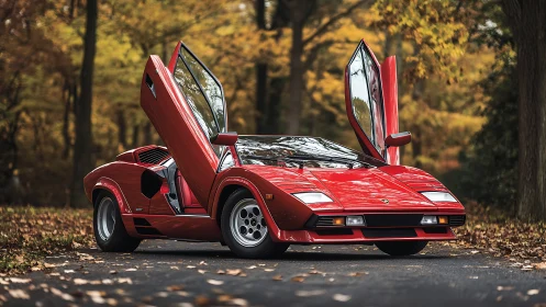 Iconic red supercar with scissor doors in autumn forest.