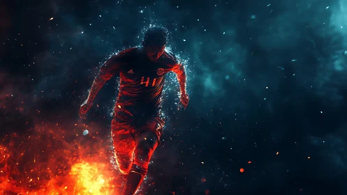 Dynamic football player emerging through dual fire and smoke lighting