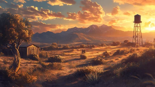 Sunlit desert homestead with water tower and mountains.