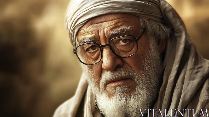 Weathered elder in desert robes under warm golden light.