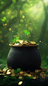 Golden pot of forest coins glows softly in gentle sunlight