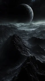 Silent lunar horizon over jagged alien ridges at night.