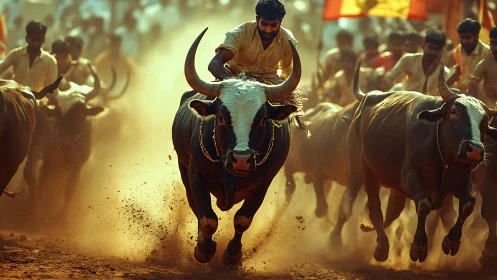 Riders and racing bulls charge forward in golden festival dust