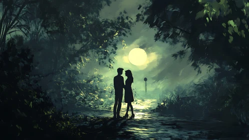 Couple Under Moonlight in Jungle Forest Setting