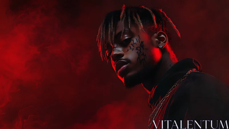 Red low-key portrait with smoke, side light and face tattoos