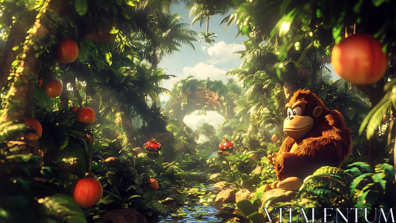 Lush stylized jungle corridor with reflective river and primate.