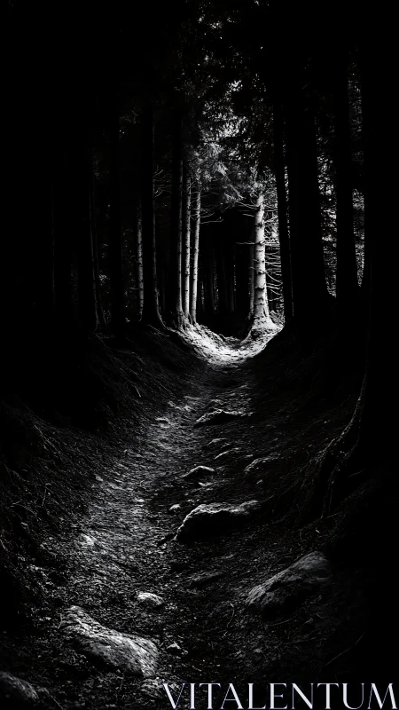 Ethereal forest corridor cloaked in dramatic chiaroscuro lighting.