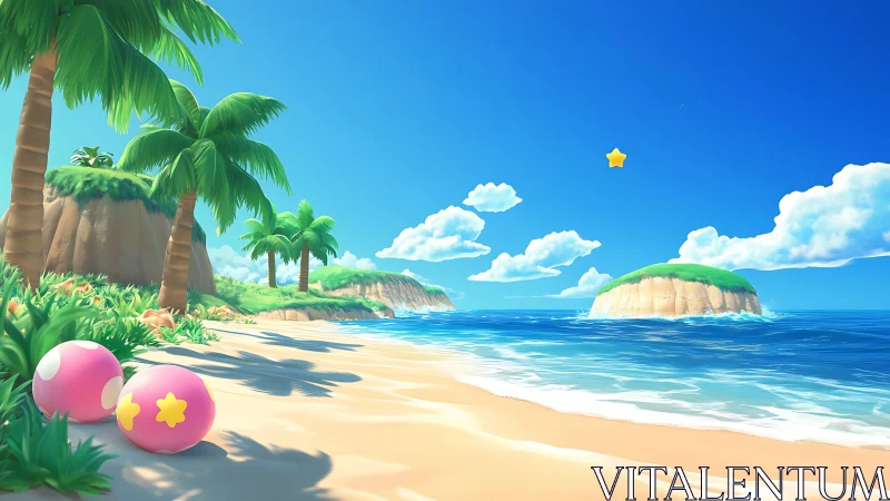 Tropical Paradise Where Whimsical Spheres Dance Beneath Golden Starlight