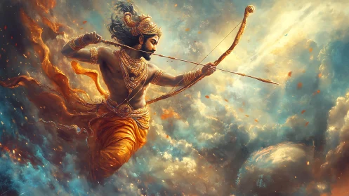 Mythic archer in turbulent celestial atmospheric dynamics.