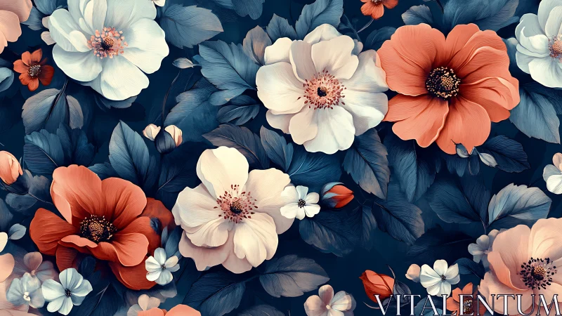 Floral Composition with Orange and White Blooms on Navy