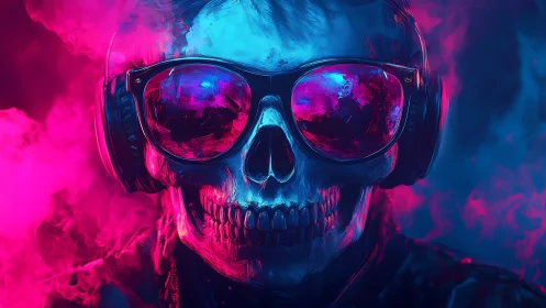 Neon skull with headphones pulses in cyberpunk colors.