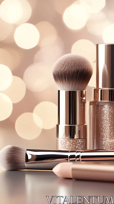 Cosmetic brushes and containers on reflective surface.