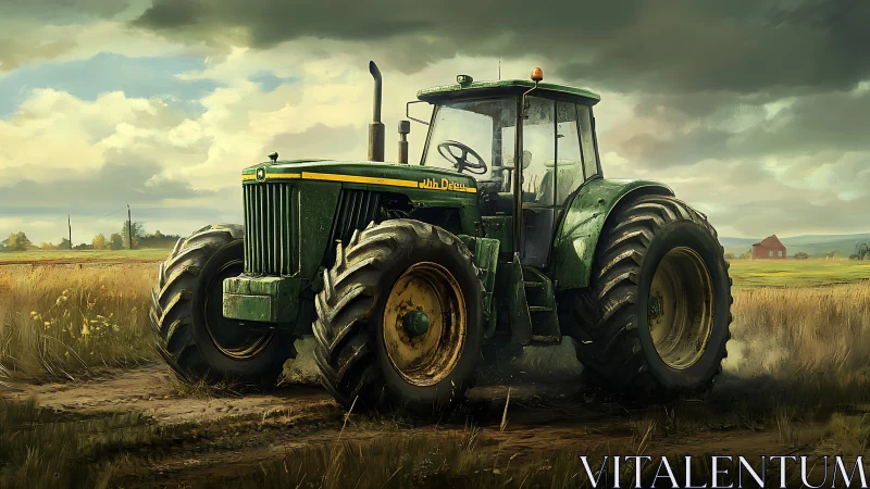 Heavy-duty green farm tractor on muddy rural field at dusk