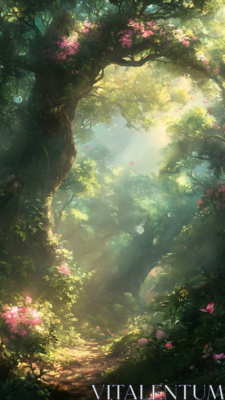Enchanted Forest Path with Flowering Trees and Golden Light