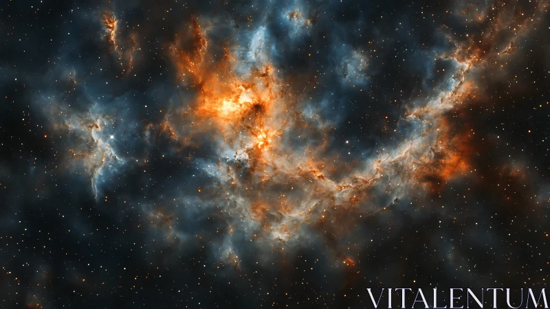 Fiery nebula clouds glow against a deep, star-dusted void